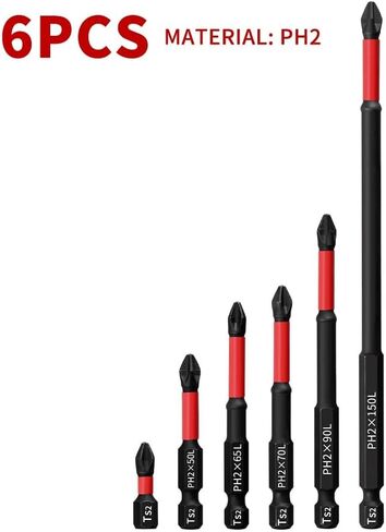 6 Pcs TS2 Red Non-Slip PH2 Cross Screwdriver Bit Set, Magnetic High Hardness Driver Bits, 0.98–5.91 Inch Lengthened Drill Accessories for Electric Screwdriver Repair Use in Kuwait