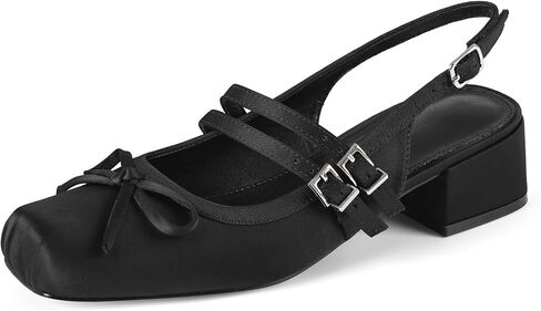 Kalstage Slingback Heels for Women Square Toe Chunky Low Block Heel Satin Ballerina Heels Double Adjustable Buckle Straps Mary Jane Pumps Comfortable Wedding Party Dress Ballet Heels in Kuwait