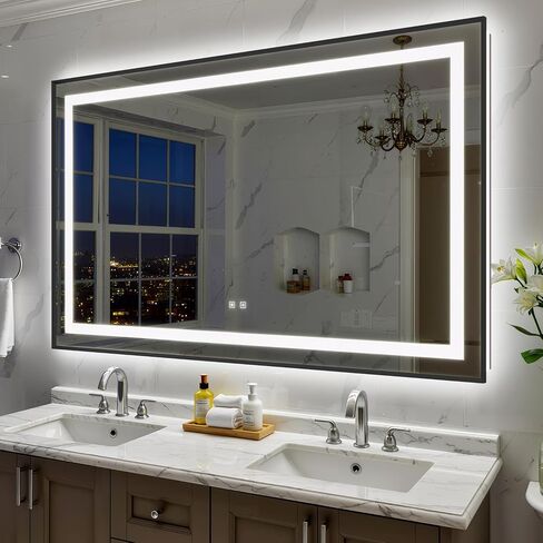 مرآة حمام LED مقاس 28 × 36 بوصة مع أضواء، مرآة زينة للحمام بإضاءة أمامية + خلفية للجدار، زجاج مقسى فائق الوضوح، مقاوم للكسر، مضاد للضباب ووظيفة الذاكرة، مدرج في قائمة ETL in Kuwait