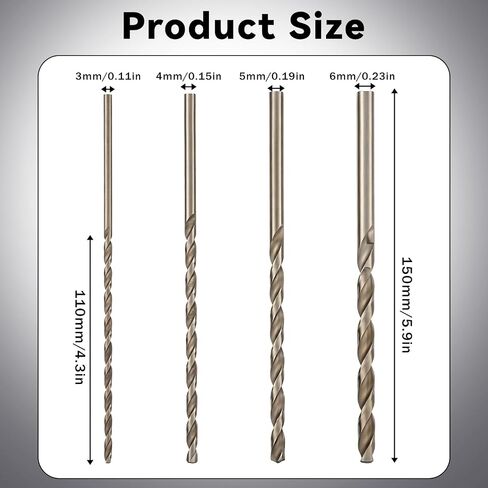 4PCS 150mm Long Drill Bits Set, Diameter 3.0mm 4mm 5mm 6mm, Extra Long Drill Bits for Wood Plastic & Aluminum Hard Metal Stainless Steel, Cast Iron, Copper, PVC in Kuwait