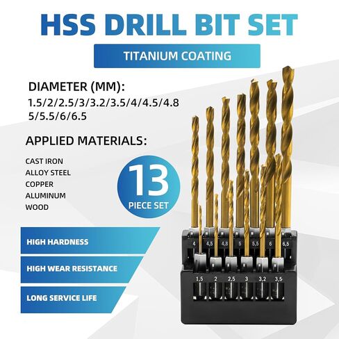 13Pcs Cobalt Drill Bit Set, 1/16"" to 1/4"" Titanium Coated High Speed Steel Twist Bits, Jobber Length Hex Shank Quick Change Kit for Hardened Metal, Stainless Steel, Wood & Plastic in Kuwait