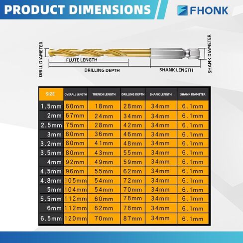 13Pcs Cobalt Drill Bit Set, 1/16"" to 1/4"" Titanium Coated High Speed Steel Twist Bits, Jobber Length Hex Shank Quick Change Kit for Hardened Metal, Stainless Steel, Wood & Plastic in Kuwait