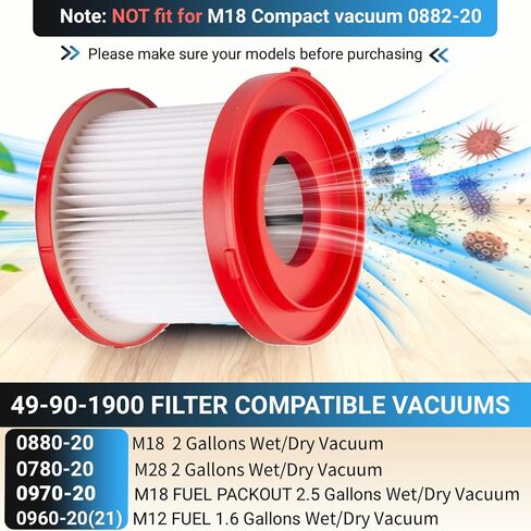 49-90-1900 Replacement Filter Compatible with Milwaukee Cordless M18 Vacuum | 2 Pack with 4 Foam Sleeves and 1 brush for 0780-20 0880-20 0960-20 0960-21 0970-20 Vacuum Cleaner in Kuwait