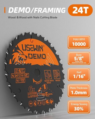 6-1/2 Inch Circular Saw Blades 24T - Demolition and Framing Blade with NiCo Cutting Teeth, Teflon Non-Stick Coating, for Wood with Nails, Hardwood, Plywood, Ultra-Thin 1.5mm Kerf in Kuwait