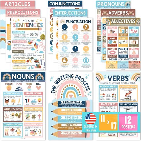 12 Parts Of Speech Posters For Classroom - Boho Grammar Posters For Classroom Must Haves, Language Arts For Elementary & Middle School , Writing Process and ELA Bulletin Board Decorations in Saudi Arabia