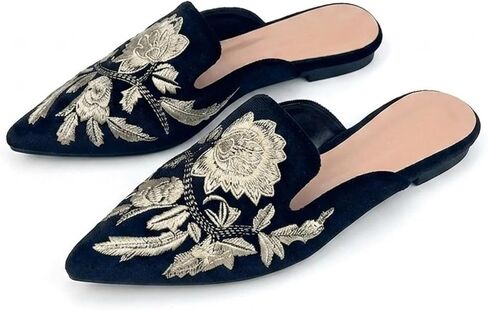 Vintage Embroidered Velvet Mules Sophisticated Pointed Toe Slip On Flat Shoes Comfortable Daily Formal Office Party Botanical Artisanal Footwear in Kuwait
