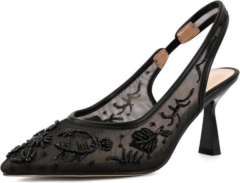 ZBOT Women's Lace Mesh Heeled Sandals with Back Strap, Embroidered Kitten Heels, Pearl Embellished Bridal Heels, Open Toe Backless Sandals in Kuwait