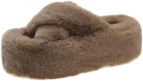 Women's Cross Band Faux Fur Slippers Thick Platform Plush House Shoes Comfortable Fuzzy Open Toe Indoor Outdoor Slides Warm Spa Sandals in Kuwait