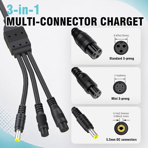 (Dual line 3-in-1) 42V 2A Charger Plug with DC Universal 5.5 * 2.5/2.1mm Interface, 8mm/12mm Three Hole, Suitable for Brands Such as Jetson, Razor, Swagtron, Bird, Gotrax, etc in Kuwait