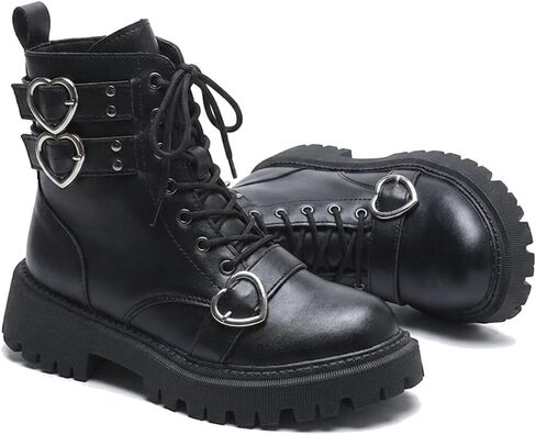 Kawaii Heart Buckle Decor Boots Y2K Style Platform Ankle Shoes for Women Chunky Goth Harajuku Combat Boots in Kuwait