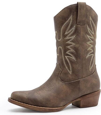GLOBALWIN Cowboy Boots For Women Women's Mid Calf Boots | Low Heel, Comfortable, Embroidered Western, Snip Toe, Mid-Calf in Kuwait