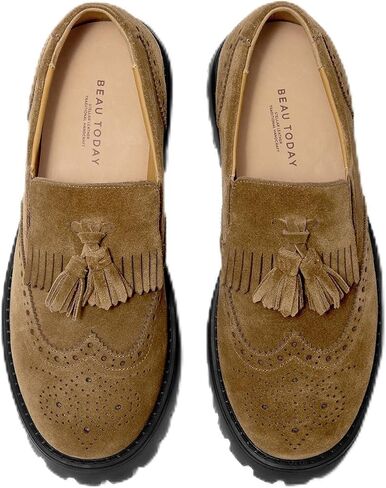BEAU TODAY Suede Chunky Loafers for Women,Women’s Leather Platform Loafers,Lug Sole Tassel Slip On Loafers Shoes Brogues Wingtip Casual Business Dress Shoes Comfortable Dressy in Kuwait