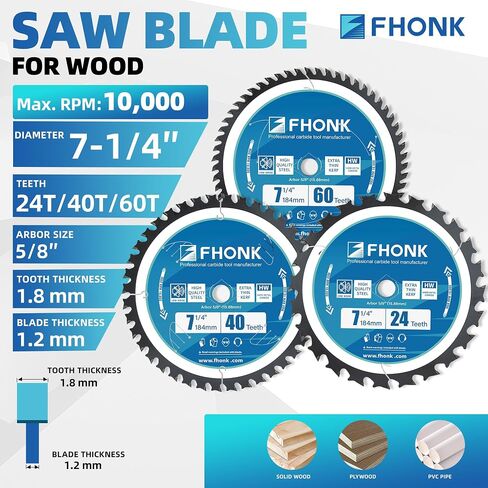 7-1/4 Inch Circular Saw Blade Set 24T + 40T + 60T, Saw Blade Arbor Size 5/8-inch, Fit for Plywood, Soft & Hardwood, Wood with Nails, 3-Pack in Kuwait