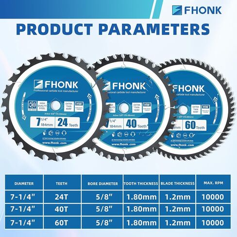 7-1/4 Inch Circular Saw Blade Set 24T + 40T + 60T, Saw Blade Arbor Size 5/8-inch, Fit for Plywood, Soft & Hardwood, Wood with Nails, 3-Pack in Kuwait