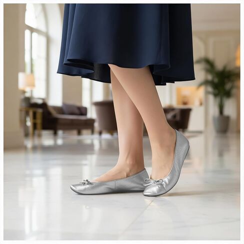 Lusofie Foldable Ballet Flats for Women for Travel Office Weddings - Foldable Flats for Women with Zipper Pouch (Silver,Size: 9-10.5) in Kuwait