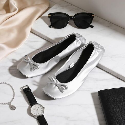 Lusofie Foldable Ballet Flats for Women for Travel Office Weddings - Foldable Flats for Women with Zipper Pouch (Silver,Size: 9-10.5) in Kuwait