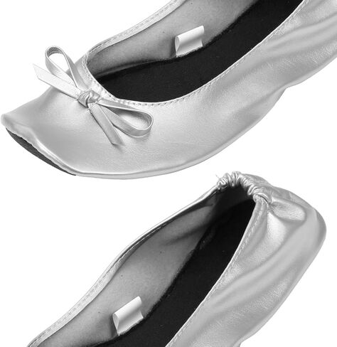 Lusofie Foldable Ballet Flats for Women for Travel Office Weddings - Foldable Flats for Women with Zipper Pouch (Silver,Size: 9-10.5) in Kuwait