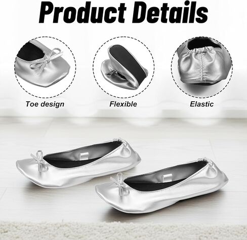 Lusofie Foldable Ballet Flats for Women for Travel Office Weddings - Foldable Flats for Women with Zipper Pouch (Silver,Size: 9-10.5) in Kuwait