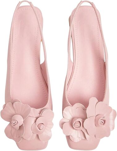 MakeMeChic Women's 3D Floral Slingback Flats Square Toe PU Leather Elegant Dressy Chunky Heels in Kuwait