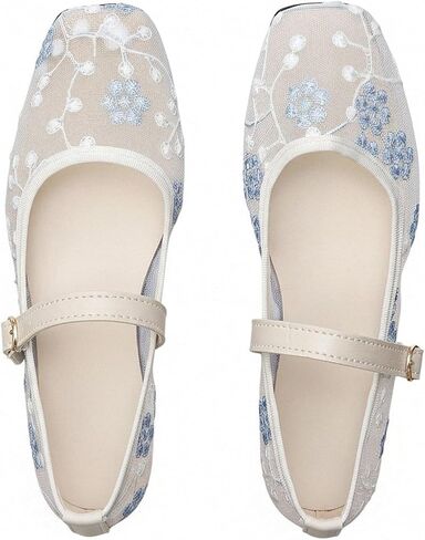 Milumia Women's Mesh Ballet Flats Flower Embroidered Square Toe Slip on Summer Dress Shoes in Kuwait