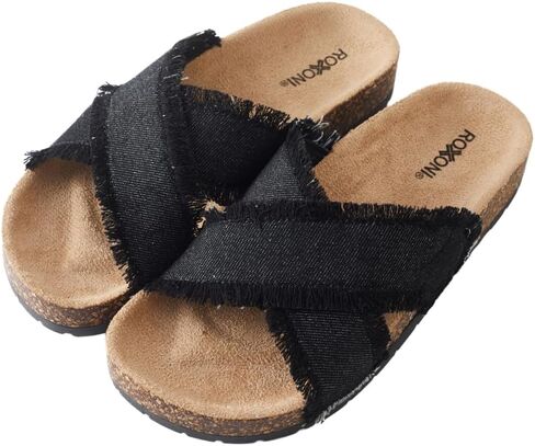 Roxoni Women’s Cross Strap Slide Sandals Denim Open Toe Comfort Slippers Cork Footbed Casual Summer Indoor Outdoor Footwear in Kuwait