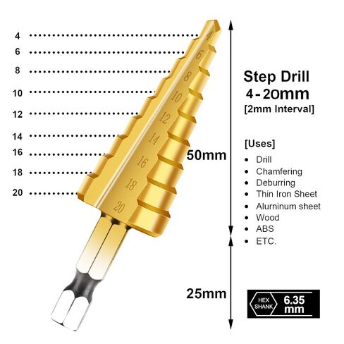 1/4" Hexagon Shank 4-20mm Titanium Coated Spiral Grooved Step Drill Bit HSS Step Drill Bit for Plastic Wood Metal Multi-Hole Taper Drill in Kuwait