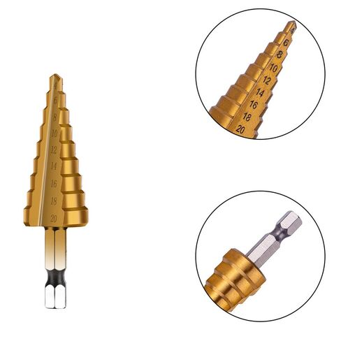 1/4" Hexagon Shank 4-20mm Titanium Coated Spiral Grooved Step Drill Bit HSS Step Drill Bit for Plastic Wood Metal Multi-Hole Taper Drill in Kuwait