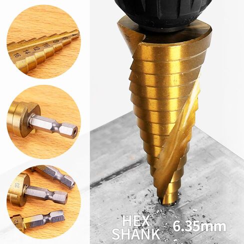 1/4" Hexagon Shank 4-20mm Titanium Coated Spiral Grooved Step Drill Bit HSS Step Drill Bit for Plastic Wood Metal Multi-Hole Taper Drill in Kuwait