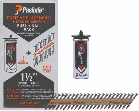 Paslode Positive Placement Metal Connector Fuel & Nail Pack - 1.5 inch x .148 Gauge - 1 Fuel Cell - 800 Nails - Heat Treated Nails - Building Code Recognized in Kuwait