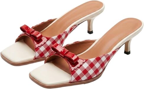 Elegant Red Gingham Kitten Heels, Chic Bow Decor & Square Toe, Breathable Fabric Mules, Comfortable 2-Inch Low Heel Sandals for Summer Weddings, Parties & Vacations in Kuwait