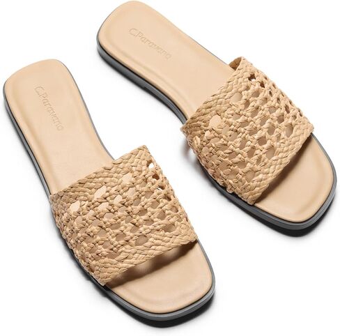 C.Paravano Womens Slides Woven Flats Raffia Sandals Women Summer Beach Slip on Open Toe Slide for Women in Kuwait