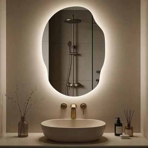 Backlit LED Bathroom Vanity Mirror with Lights, Irregular Asymmetrical Design,45" H x 32" W, Anti-Fog, Dimmable 3 Color Lighting, Memory Function, Hardwired Wall Mount, Supports Horizontal & Vertical in Saudi Arabia