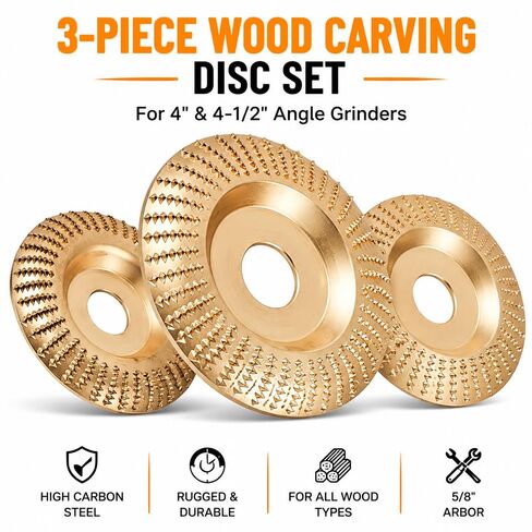 3-Piece Wood Carving Disc Set for 4" & 4-1/2" Angle Grinders, High Carbon Steel Wood Shaping Grinding Wheel, 5/8" Arbor Woodworking Attachment for Carving, Sanding & Furniture Restoration in Kuwait
