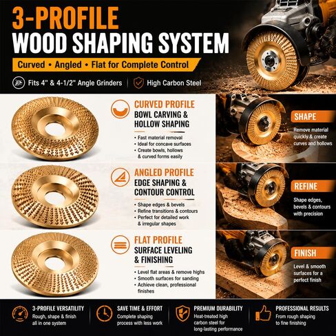 3-Piece Wood Carving Disc Set for 4" & 4-1/2" Angle Grinders, High Carbon Steel Wood Shaping Grinding Wheel, 5/8" Arbor Woodworking Attachment for Carving, Sanding & Furniture Restoration in Kuwait