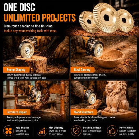 3-Piece Wood Carving Disc Set for 4" & 4-1/2" Angle Grinders, High Carbon Steel Wood Shaping Grinding Wheel, 5/8" Arbor Woodworking Attachment for Carving, Sanding & Furniture Restoration in Kuwait