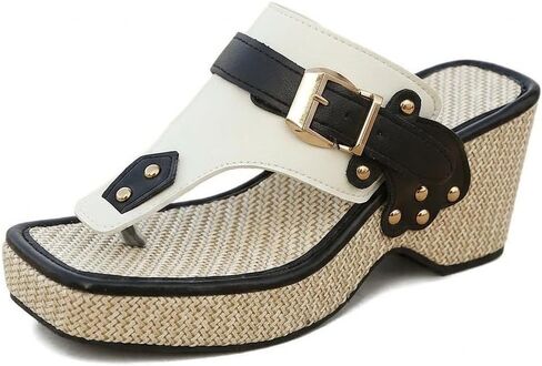 Women'S Espadrille Wedge Flip Flops With Adjustable Buckle Fashion T-Strap Square Toe Studded Chunky Heel Beach Slides For Vacation Daily Life Leisure Stroll in Kuwait