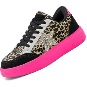 Women's Leopard Print Star Platform Sneakers - Gold Glitter Chunky Non Slip | Low Top Lace Up, Neon Hot Pink Thick Sole, Star Patchwork, Skate Trainers, Casual Walking Street Style, Leopard Print in Saudi Arabia
