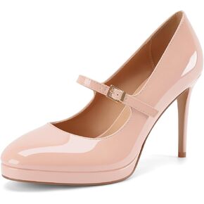 Z.Oufeier Women's Mary Jane Stiletto Heels Platform Closed Round Toe Pumps | Buckle Strap,Patent Leather,Trendy Office Shoes 3.9 Inch in Saudi Arabia