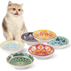 Ceramic Cat Food Bowl Set - Colorful Cat Feeding Bowls with Non Slip Mat - Wide Shallow Cat Bowl Whisker Friendly - Cat Plates - Cute Cat Dish - Microwave Dishwasher Safe - 6 Pack - 8.5 oz - 5.75 inch in Saudi Arabia