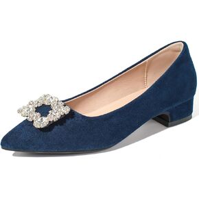 Women's Rhinestone Low Chunky Heel Suede Pointed Toe Pumps Dress Shoes | Slip on Rhinestone Elegant Party Wedding Pumps in Kuwait