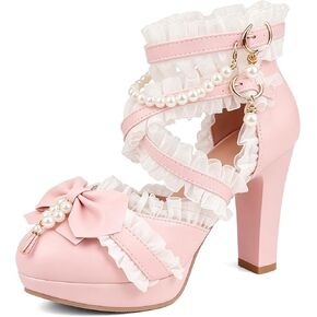 MEOTINA Lolita Shoes Mary Jane Shoes Women Platform Heels Bow Pearl Pumps in Kuwait
