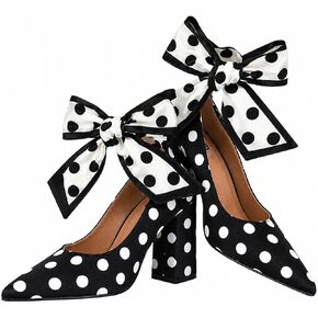 Black and White Polka Dot Pumps for Women, Chunky Block Heel with Bow Lace-Up, Pointed Toe, Fabric Court Shoes in Kuwait
