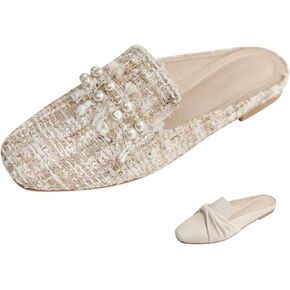 Optigard Women's Pearl Decor Flat Mules Shoes,Comfortable Round Toe Slip On Backless Dress Mule Slide Sandals Ladies Loafers in Kuwait