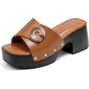 Square Open Toe Platform Mules Adjustable Buckle Chunky Heel for Women | Wide Band Rivet Detail Slip-On Dress Sandals with Cushioned Footbed for Party Vacation Beach and Casual Daily Wear in Saudi Arabia
