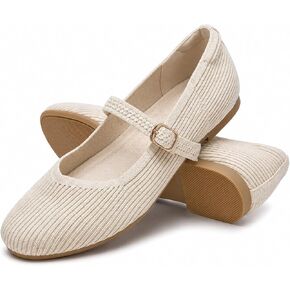 Mary Jane Flats for Women, Breathable Knit Round Toe Ballet Shoes with Adjustable Buckle Strap, Cushioned Dressy Flats with Flexible Rubber Sole for Work Office Walking, Beige in Kuwait
