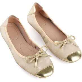 Genuine Leather Ballet Flats for Women, Soft Cowhide Bow Slip On Dress Shoes, Metallic-Look Leather Cap Toe, Lambskin Insole Comfortable Ballerina Flats for Office Commute Travel in Kuwait