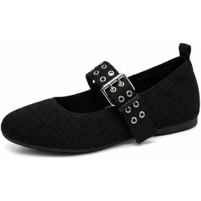 Mary Jane Knit Flats for Women, Wide Toe Box Ballet Shoes with Square Toe and Adjustable Chunky Buckle Strap, Comfortable Dressy Flats for Work Office Walking, Black in Kuwait