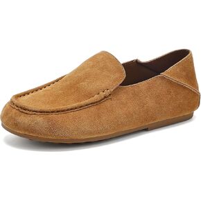 Women's Convertible Leather Loafers, Wear Two Ways Driving Moccasins, Cork-Inspired Casual Slip On Flats - Chestnut Brown/Oatmeal in Kuwait