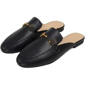 Womens Classic Faux Leather Mules Backless Loafers Slip On Shoes, Minimalist Metal Comfortable Flat Slippers for Office Work Daily Casual in Kuwait
