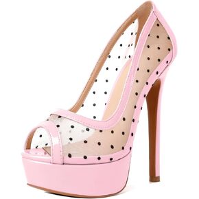AUMOTED Women's Peep Toe High Heel Platform Stiletto Pumps Slip On Patent Mesh Polka Dot Heels 5.5" Party Wedding Dress Shoes in Saudi Arabia